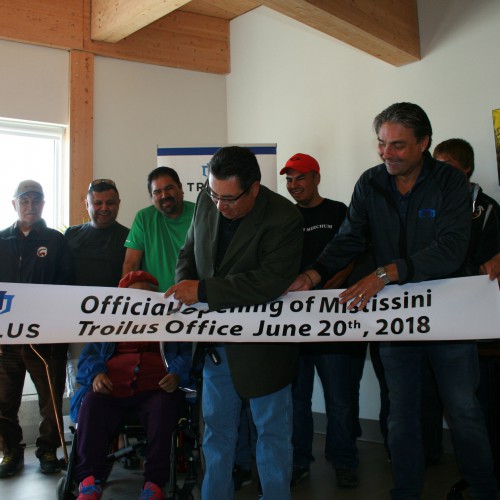 Deputy Chief, Gerald Longchap Cutting the Banner at the Troilus Office Opening in Mistissini - 2018