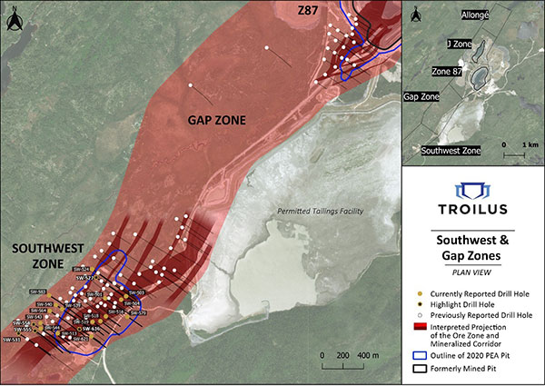 Carte de la vue aérienne du secteur sud-ouest illustrant les forages actuels et ceux des rapports antérieurs